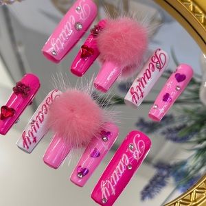 Pink pompom Cut Long Square  Press On Nails